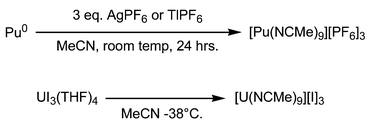 Graphical abstract: Preparation and structures of homoleptic Pu(iii) and U(iii) acetonitrile salts