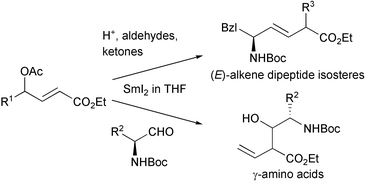 Graphical abstract: Application of samarium diiodide (SmI2)-induced reduction of γ-acetoxy-α,β-enoates with α-specific kinetic electrophilic trapping for the synthesis of amino acid derivatives