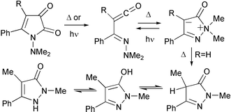 Graphical abstract: N-Aminopyrroledione–hydrazonoketene–pyrazolium oxide–pyrazolone rearrangements and pyrazolone tautomerism