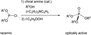 Graphical abstract: The first asymmetric synthesis of trialkyl phosphates on the basis of dynamic kinetic resolution in the phosphite method using a chiral source in a catalytic manner