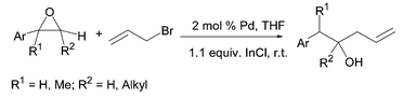 Graphical abstract: A novel palladium-catalyzed coupling of epoxides with allyl bromide mediated by indium(i) chloride: a cascade epoxide rearrangement–carbonyl allylation