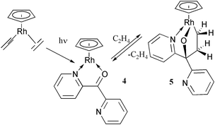 Graphical abstract: Dipyridylketone binding and subsequent C–C bond insertion reactions at cyclopentadienylrhodium