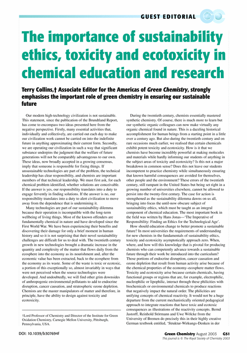 The importance of sustainability ethics, toxicity and ecotoxicity in chemical education and research