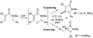 Graphical abstract: β-Lactams or γ-lactams by 4-exo-trig or 5-endo-trig anionic cyclisation of lithiated acrylamide derivatives