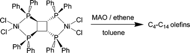 Graphical abstract: Schulz–Flory oligomerisation of ethylene by the binuclear nickel(ii) complex Ni2Cl4[cis,trans,cis-1,2,3,4-tetrakis-(diphenylphosphino)cyclobutane]