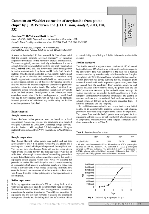 Comment on “Soxhlet extraction of acrylamide from potato chips” by J. R. Pedersen and J. O. Olsson, Analyst, 2003, 128, 332