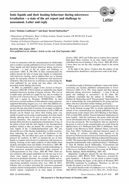 Ionic liquids and their heating behaviour during microwave irradiation – a state of the art report and challenge to assessment. Letter and reply