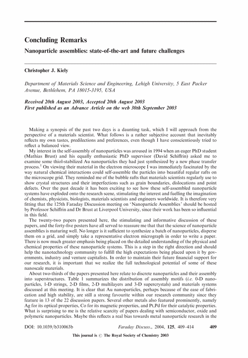 Concluding Remarks Nanoparticle assemblies: state-of-the-art and future challenges