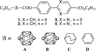 Graphical abstract: Three-ring mesogens containing p-carboranes: characterization and comparison with the hydrocarbon analogs in the pure state and as additives to a ferroelectric mixture