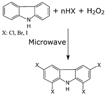 Graphical abstract: Halogenation of carbazole and other aromatic compounds with hydrohalic acids and hydrogen peroxide under microwave irradiation