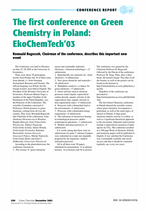 The first conference on Green Chemistry in Poland: EkoChemTech’03