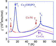 Graphical abstract: Effect of Ni2+ (S = 1) and Cu2+ (S = ½) substitution on the antiferromagnetic ordered phase Co2(OH)PO4 with spin glass behaviour