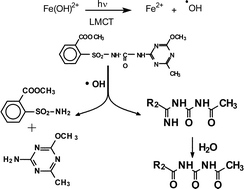 Graphical abstract: Kinetics and mechanism of the degradation of the pesticide metsulfuron methyl induced by excitation of iron(iii) aqua complexes in aqueous solutions: steady state and transient absorption spectroscopy studies