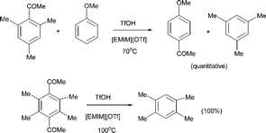 Graphical abstract: Triflic acid-promoted transacylation and deacylation reactions in ionic liquid solvents