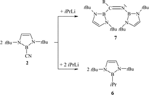 Graphical abstract: Lithium alkyl assisted coupling of a 2-cyano-2,3-dihydro-1H-1,3,2-diazaborole to give tBu [[upper bond 1 start]] NCH [[double bond, length as m-dash]] CHN(tBu)B [[upper bond 1 end]] C(iPr) [[double bond, length as m-dash]] N– [[upper bond 1 start]] BN(tBu)CH [[double bond, length as m-dash]] CHN [[upper bond 1 end]] tBu