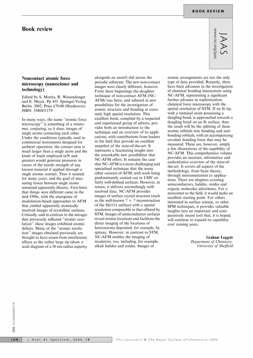 Book review: Noncontact atomic force microscopy (nanoscience and technology)