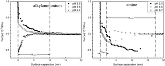 Graphical abstract: Forces between nitrogen-containing self-assembled monolayers (SAMs) and zirconia particles in aqueous solutions