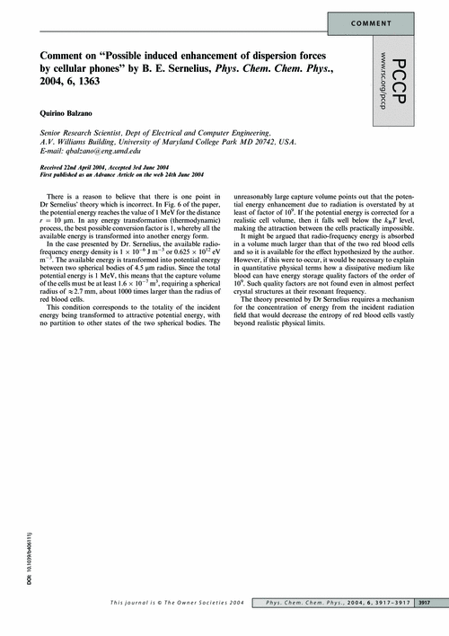 Comment on “Possible induced enhancement of dispersion forces by cellular phones” by B. E. Sernelius, Phys. Chem. Chem. Phys., 2004, 6, 1363
