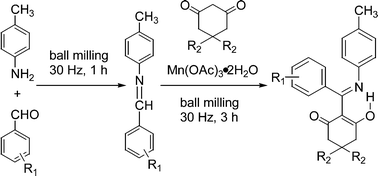 Graphical abstract: Solid-state radical reactions of 1,3-cyclohexanediones with in situ generated imines mediated by manganese(iii) acetate under mechanical milling conditions