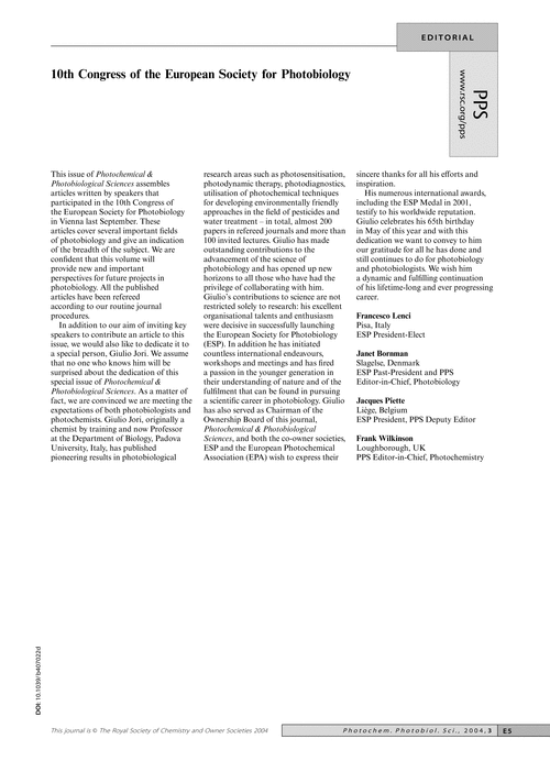 10th Congress of the European Society for Photobiology