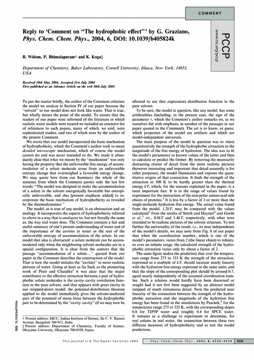 Reply to ‘Comment on “The hydrophobic effect”’ by G. Graziano, Phys. Chem. Chem. Phys., 2004, 6, DOI: 10.1039/b405824k