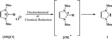 Graphical abstract: Electrochemical reduction of an imidazolium cation: a convenient preparation of imidazol-2-ylidenes and their observation in an ionic liquid