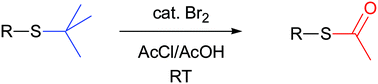 Graphical abstract: Bromine catalyzed conversion of S-tert-butyl groups into versatile and, for self-assembly processes accessible, acetyl-protected thiols