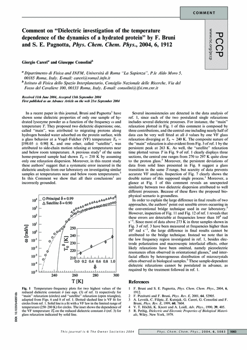 Comment on “Dielectric investigation of the temperature dependence of the dynamics of a hydrated protein” by F. Bruni and S. E. Pagnotta, Phys. Chem. Chem. Phys., 2004, 6, 1912