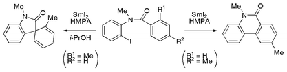 Graphical abstract: The first samarium(ii)-mediated aryl radical cyclisation onto an aromatic ring