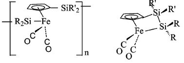 Graphical abstract: The substituent-dependent base-treatment chemistry of (η5-C5H5)Fe(CO)2SiR2SiR2Cl: formation of 1,2-disila-3-metallacyclobutanes, their ring-opened polymers, migrations and substitutions