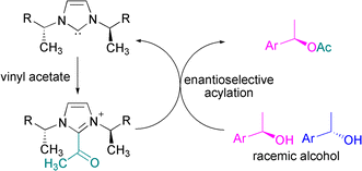 Graphical abstract: First example of chiral N-heterocyclic carbenes as catalysts for kinetic resolution