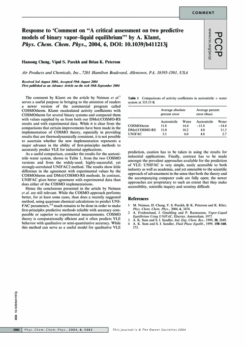 Response to ‘Comment on “A critical assessment on two predictive models of binary vapor–liquid equilibrium”’ by A. Klamt, Phys. Chem. Chem. Phys., 2004, 6, DOI: 10.1039/b411213j