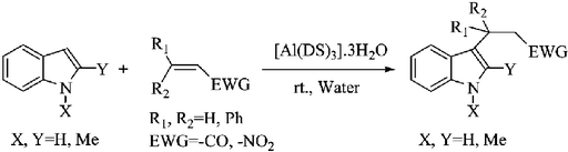 Graphical abstract: The facile and efficient Michael addition of indoles and pyrrole to α,β-unsaturated electron-deficient compounds catalyzed by aluminium dodecyl sulfate trihydrate [Al(DS)3]·3H2O in water