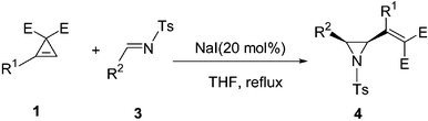 Graphical abstract: NaI-catalyzed highly regioselective ring-opening [1 + 2] cycloaddition reaction of cyclopropenes with imines: highly stereoselective synthesis of cis-vinylic aziridines