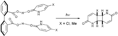 Graphical abstract: A new [2 + 2] photodimerization of 5-chloro- and 5-methyl-2-pyridone in their inclusion complexes with 1,1′-biphenyl-2,2′-dicarboxylic acid as a model for DNA damage by photodimerization of its thymine component