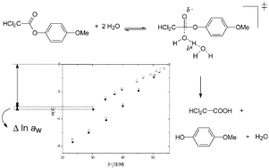 Graphical abstract: Kinetics of hydrolysis of 4-methoxyphenyl-2,2-dichloroethanoate in binary water–cosolvent mixtures; the role of solvent activity and solute–solute interactions