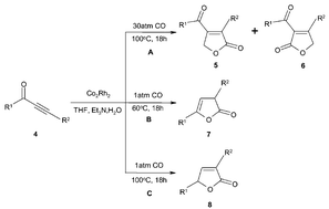 Graphical abstract: Cyclohydrocarbonylation of substituted alkynes and tandem cyclohydrocarbonylation–CO insertion of α-keto alkynes catalyzed by immobilized Co–Rh heterobimetallic nanoparticles