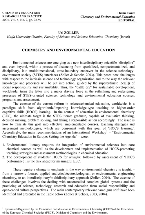 CHEMISTRY AND ENVIRONMENTAL EDUCATION