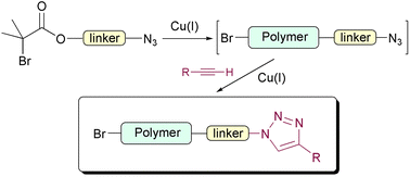 Graphical abstract: One-pot tandem living radical polymerisation–Huisgens cycloaddition process (“click”) catalysed by N-alkyl-2-pyridylmethanimine/Cu(i)Br complexes