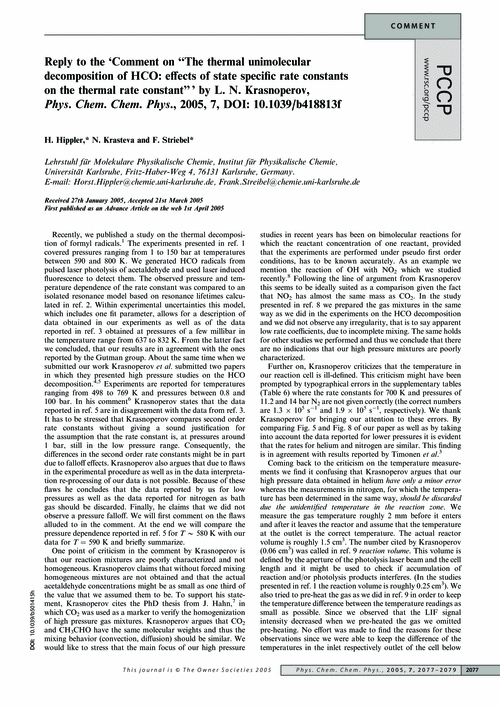 Reply to the ‘Comment on “The thermal unimolecular decomposition of HCO: effects of state specific rate constants on the thermal rate constant” ’ by L. N. Krasnoperov, Phys. Chem. Chem. Phys., 2005, 7, DOI: 10.1039/b418813f