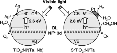 Graphical abstract: Nickel and either tantalum or niobium-codoped TiO2 and SrTiO3 photocatalysts with visible-light response for H2 or O2 evolution from aqueous solutions