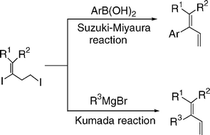 Graphical abstract: Facile synthesis of multisubstituted buta-1,3-dienes via Suzuki–Miyaura and Kumada cross-coupling strategy of 2,4-diiodo-buta-1-enes with arylboronic acids and Grignard reagents