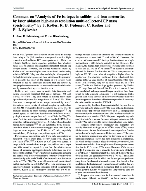 Comment on “Analysis of Fe isotopes in sulfides and iron meteorites by laser ablation high-mass resolution multi-collector-ICP mass spectrometry” by J. Košler, R. B. Pedersen, C. Kruber and P. J. Sylvester