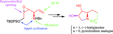Graphical abstract: Asymmetric syntheses of (−)-lentiginosine and an original pyrrolizidinic analogue thereof from a versatile epoxyamine intermediate