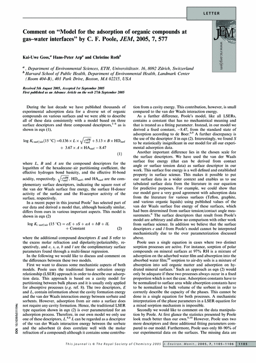 Comment on “Model for the adsorption of organic compounds at gas–water interfaces” by C. F. Poole, JEM, 2005, 7, 577