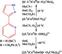 Graphical abstract: Reaction with dioxygen of a Cu(i) complex of 1-benzyl-[3-(2′-pyridyl)]pyrazole triggers ethyl acetate hydrolysis: acetato-/pyrazolato-, dihydroxo- and diacetato-bridged Cu(ii) complexes