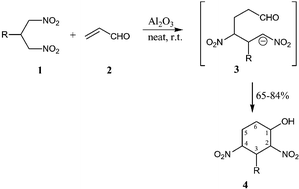 Graphical abstract: One-pot synthesis of 3-alkyl-2,4-dinitrocyclohexanols, under solventless conditions using basic alumina
