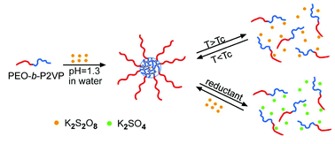 Graphical abstract: Preparation of PEO-b-P2VPH+–S2O82− micelles in water and their reversible UCST and redox-responsive behavior