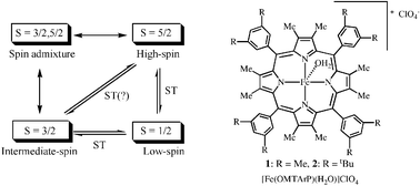 Graphical abstract: Novel spin transition between S =  [[fraction five-over-two]]  and S =  [[fraction three-over-two]]  in highly saddled iron(iii) porphyrin complexes at extremely low temperatures