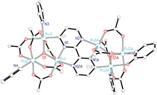Graphical abstract: Dimers of delocalized Ru3O clusters linked by ortho-metallated 2,2′-bipyrimidine in μ4-η1(C),η1(C),η2(N,N),η2(N,N) mode